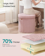SONGMICS Mazie Collection - Round Storage Ottoman, Folding Footrest Stool with Removable Lid, Easy Assembly, Teddy Fleece Vanity Stool for Bedroom, Living Room, Entryway, Jelly Pink ULSF606R01