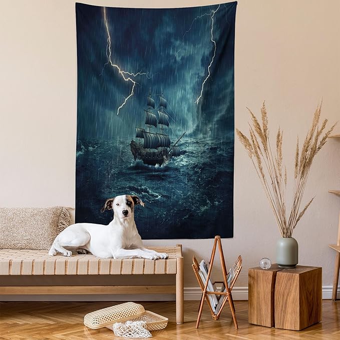 Ambesonne Landscape Tapestry Twin Size, Stormy and Rainy Weather Waves Vintage Ship Sailing Oil Paint, Wall Hanging Bedspread Bed Cover Wall Decor, 68" X 88", Dark Cadet Blue White