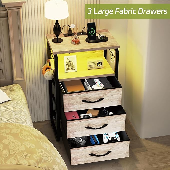 Night Stand Set 2 with LED Lights, Nightstands with Power Outlets and Type C Port, Large End Tables with 3 Fabric Drawers, Matching Bedside Table with Storage for Dorm, Living Room, Greige