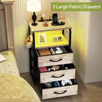 Night Stand Set 2 with LED Lights, Nightstands with Power Outlets and Type C Port, Large End Tables with 3 Fabric Drawers, Matching Bedside Table with Storage for Dorm, Living Room, Greige