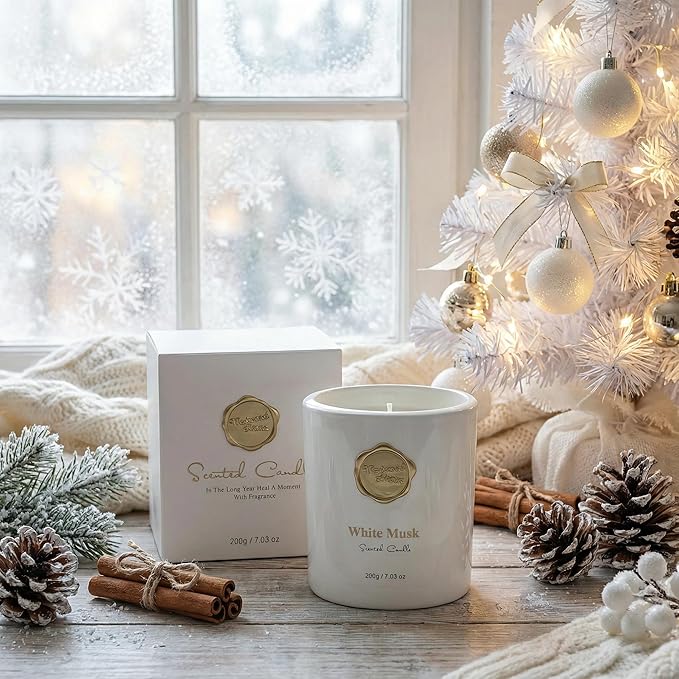Scented Luxury Candles -Whitemusk-Aromatherapy Jar Candles for Relaxation & Sleep -7 oz- 45 Hours Clean Burn-Hand-Cast -100% Natural Soy Wax-Ideal Gifts