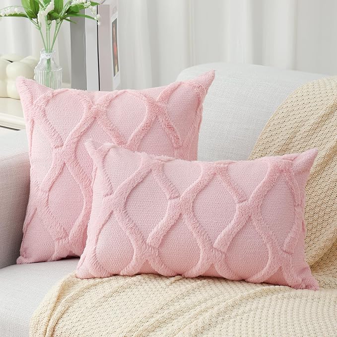 decorUhome Spring Throw Pillow Covers 16x16 Inch Set of 2, Soft Plush Faux Fur Wool Light Pink Couch Pillow Covers, Decorative Neutral Pillow Cases for Bed Sofa Living Room Valentines Decor