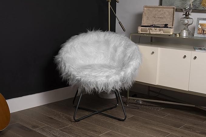 BIRDROCK HOME Faux Fur Papasan Chair with Black Legs - Luxuriously Soft & Lightweight - Wide Cushion Seat for Playroom, or Living Room - Moon Chair - Metal - Fluffy Round Seat - Circle - Grey