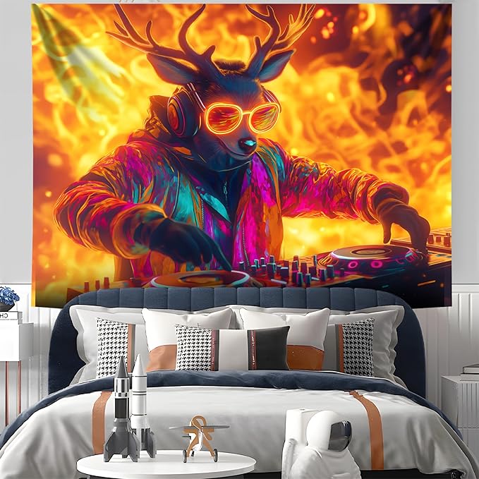 NYZE Deer Tapestry for Bedroom, Music Wall Tapestry, Party Decor Glow in the Dark Room Decor Tapestries, Cool Galaxy Planet Wall Hanging, Wall Hanging for Room Dorm 79in×59in