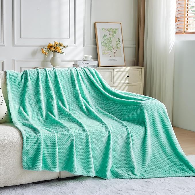 NEWCOSPLAY Super Soft Throw Blanket Aqua Premium Silky Flannel Fleece Leaves Pattern Lightweight Bed Blanket All Season Use (Aqua, Throw(50"x60"))