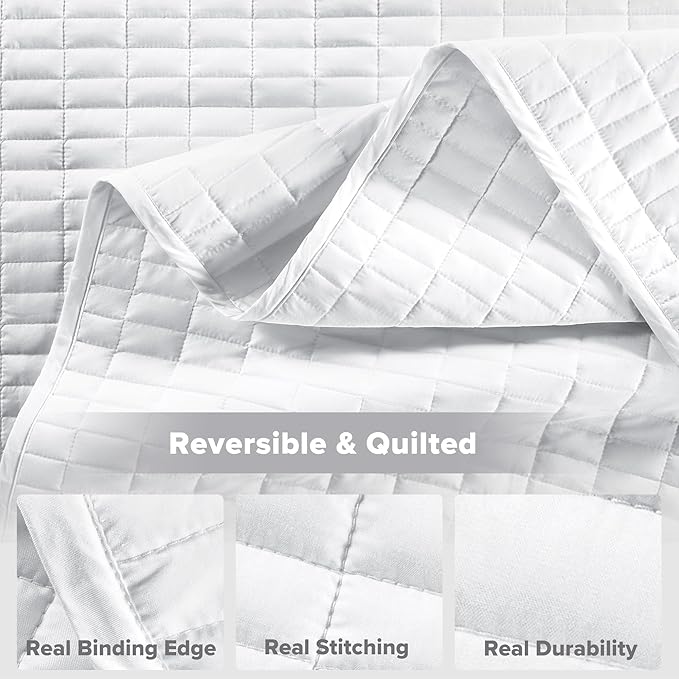 Comfort Spaces White Oversized Queen Quilt Set 102"x118" Bedspread Quilted Summer Lightweight Microfiber Bedding Coverlet with Double Sided Stitching Soft All Season Cozy 3 Piece with Matching Shams