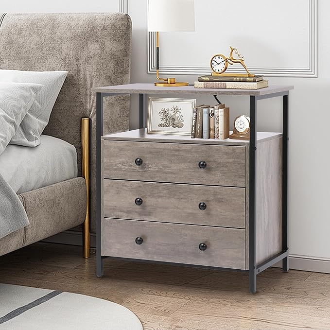 3 Wooden Drawers Night Stand, 27 Inch Wide Nightstand with Charging Station and Adjustable Drawers, Small Dresser for Closet, Bedside Table for Living Room/Bedroom/Office, Gray.