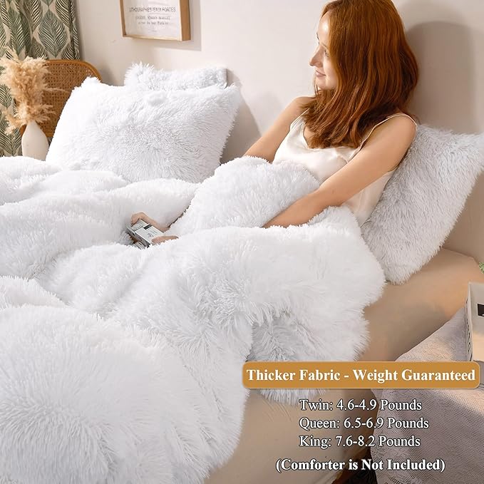 XeGe Plush Shaggy Duvet Cover Set, Luxury Ultra Soft Crystal Velvet Fluffy Bedding Sets 3 Pieces(1 Furry Faux Fur Comforter Cover + 2 Fuzzy Faux Fur Pillowcases), Zipper Closure(Queen, White)
