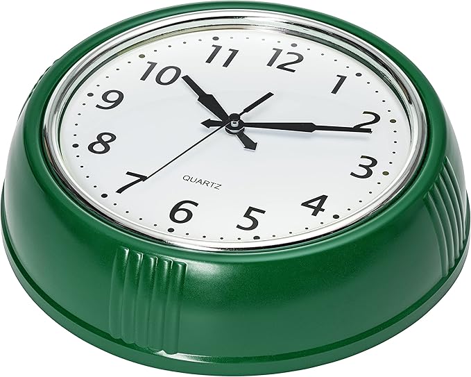 Bernhard Products Retro Wall Clock 9.5 Inch Hunter Green Kitchen 50's Vintage Design Round Silent Non-Ticking Quartz Battery Operated Clocks for Home Office School Classroom Kids Bedroom Living Room