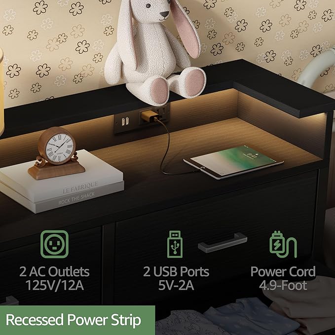 BOLUO Black Dresser with LED Light and Charging Station for Bedroom 6 Drawer Dresser with USB Outlet, Fabric Dressers & Chests of Drawers Modern