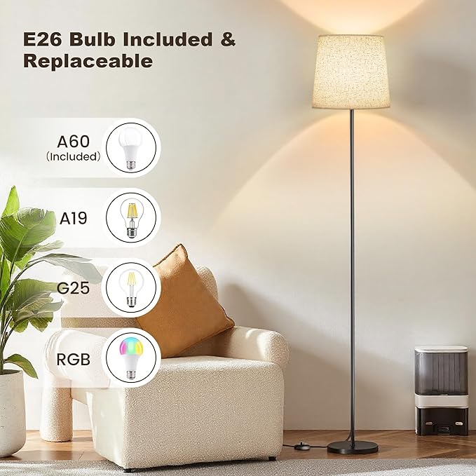 Floor Lamp with Linen Shade - 62" Dimmable LED Standing Lamp with Remote Control, 9W E26 Bulb Included, 3000-6000K, Modern Floor Reading Light for Bedroom Living Room Office Corner, Black