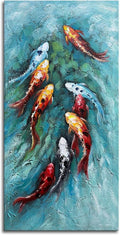 zoinart Oil Painting on Canvas Vertical Wall Art 24x48 Inches 3D Nine Fishes Modern Style Abstract Wall Paintings Hand-Painted Fish Artwork Home Decorations Ready to Hang
