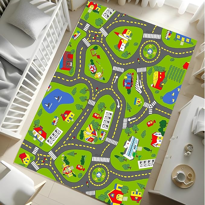 Non-Slip Town City Road Map Playmat for Boys, Perfect for Playroom and Bedroom, Car Track Mat - 4'11" x 3'3"(Rectangular)