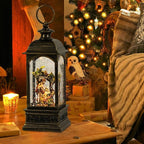 Eldnacele Nativity Music Snow Globe Lantern with 6 Hour Timer, Battery Operated & USB Powered Singing Lighted Lamp Swirling Water Glittering Christmas Decoration Holiday Decor Lantern