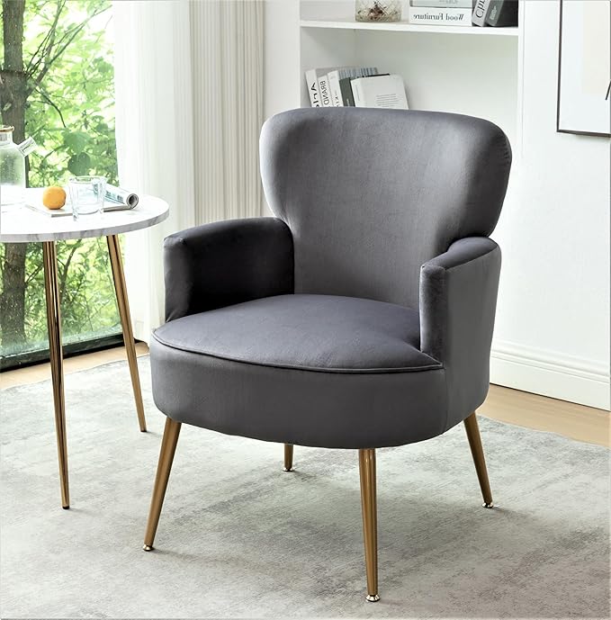 Trendy Velvet Accent Chair with Gold Metal Legs, Upholstered Armchair for Small to Mid-Size Spaces, Modern Living Room, Bedroom, Vanity Desk and Entryway, Grey