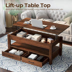 Rolanstar Coffee Table, 47.2" Lift Top Coffee Table with Drawers and Hidden Compartment, Retro Central Table with Wooden Lift Tabletop, for Living Room,Espresso
