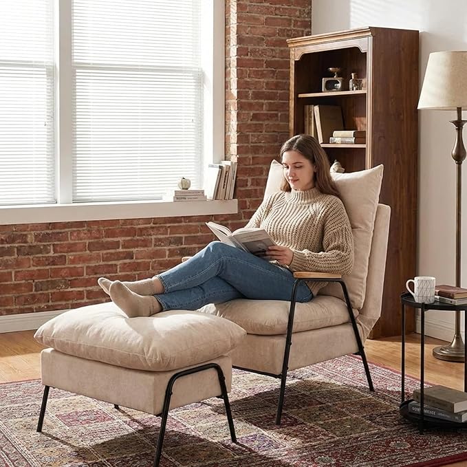 MCombo Accent Recliner Chair with Ottoman, Modern Fabric Armchair, Upholstered Sofa Bed for Living Room Bedroom, Small Space 4055 (Black Frame, Beige)