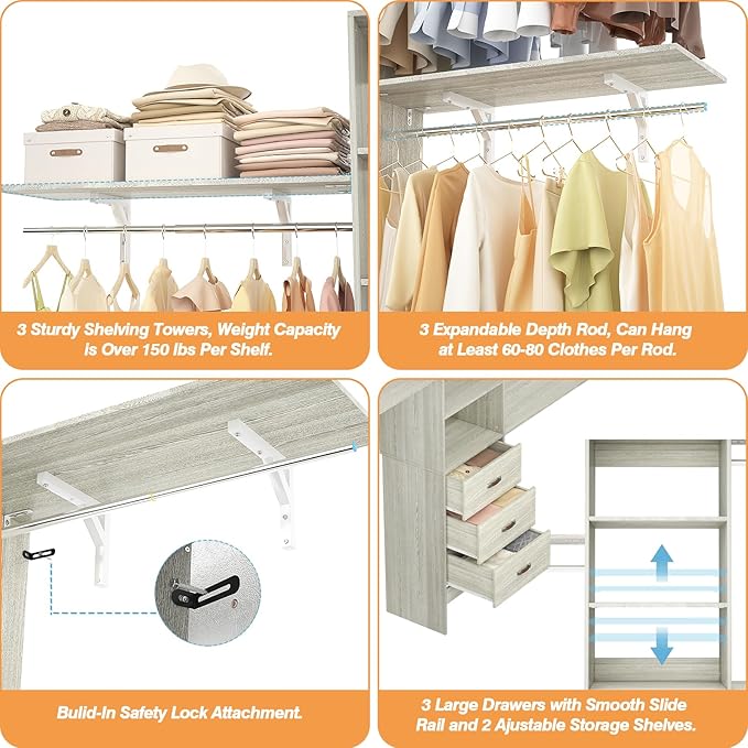 Armocity 96 Inches Closet System, 8FT Walk In Closet Organizer with 3 Shelving Towers, Heavy Duty Clothes Rack with 3 Drawers, Built-In Garment Rack, 96"L x 16"W x 75"H, Load 1000 LBS, White Oak
