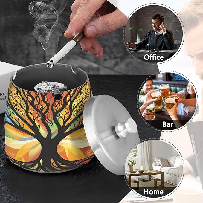 Mysterious Tree Colorful Ashtray with Lid, Outdoor Ashtrays for Patio, Stainless Steel Ashtray Odorless Smokeless for Home Office Balcony