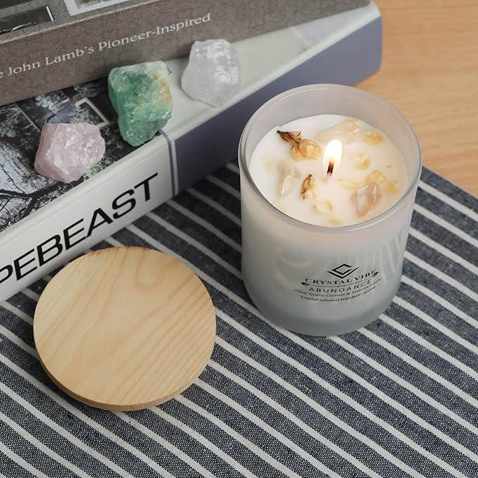 Crystal Vibe Jasmine Scented Candle with Clear Quartz Crystals and Jasmine Petals for Aromatherapy Mditation - Attract Abundance - Natural Soy Candle Gifts for Christams Birthdays