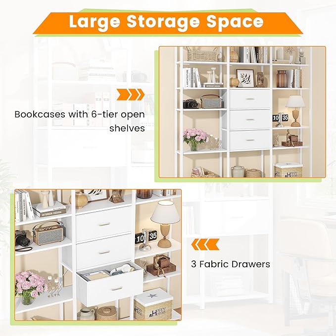 Semoic 83.5" Tall Arched Bookshelf, Triple Wide 6-Tier Large Open Book Shelf with 3 Drawers Storage, Etagere Bookcase with Display Shelf, Industrial Bookshelf with Metal Frame for Living Room, White
