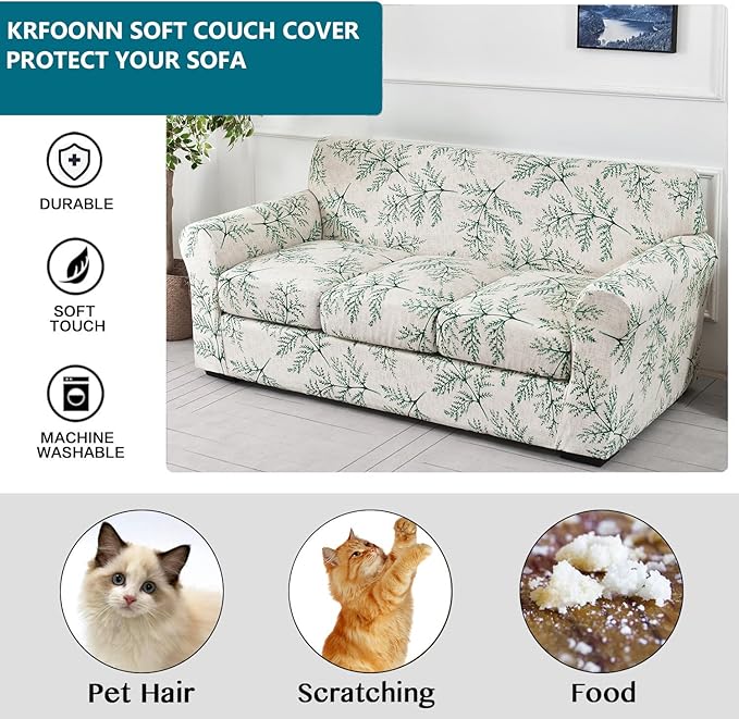KRFOONN 4 Piece Stretch Sofa Couch Covers for 3 Cushion Couches Printed Sofa Slipcover with 3 Separate Seat Cushion Covers Washable Sofa Slip Covers Furniture Protector for Pets Kids (Large, 30)
