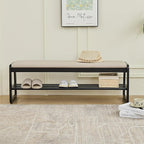 CozyDH Solid Wood Shoe Bench, Wooden Storage Entryway Bench 2-Tier, Mid-Century Shoe Rack Bench, End of Bed Bench with Leather Cushion, Ottoman Bench for Hallway Bedroom (Black 48")