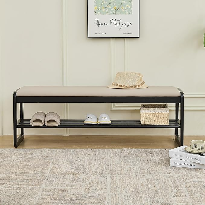 CozyDH Solid Wood Shoe Bench, Wooden Storage Entryway Bench 2-Tier, Mid-Century Shoe Rack Bench, End of Bed Bench with Leather Cushion, Ottoman Bench for Hallway Bedroom (Black 48")