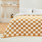 CozeCube Super Soft Fullfy Microfiber Reversible Knitted Blankets, Warm Cozy Fuzzy Plush Throw, Orange and White Checkered Throw Blanket for Couch Bed Sofa, 60" x 80"