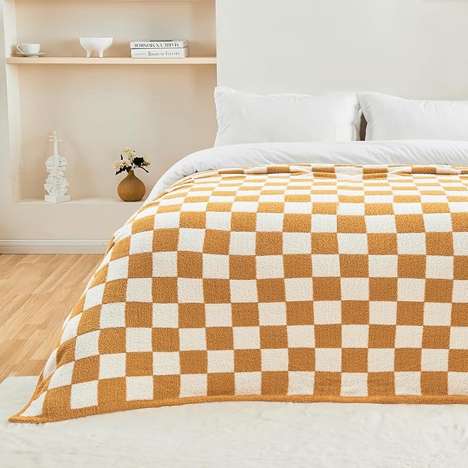 CozeCube Super Soft Fullfy Microfiber Reversible Knitted Blankets, Warm Cozy Fuzzy Plush Throw, Orange and White Checkered Throw Blanket for Couch Bed Sofa, 50" x 60"