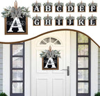 Ultra Large 14'' Last Name All Year Round Front Door Wreath with 26 Initial Letter Welcome Sign All Seasons Eucalyptus Garland and Bow Wreaths for Front Door Porch Farmhouse Decoration (A)
