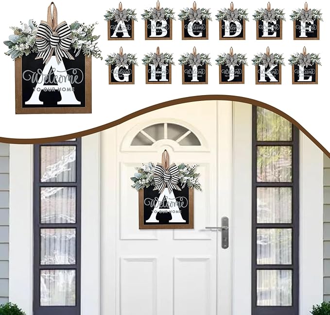 Ultra Large 14'' Last Name All Year Round Front Door Wreath with 26 Initial Letter Welcome Sign All Seasons Eucalyptus Garland and Bow Wreaths for Front Door Porch Farmhouse Decoration (A)