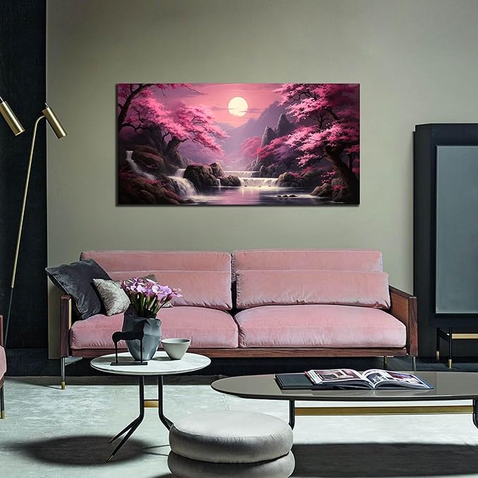 Landscape Wall Art for Living Room Bedroom Office Pink Wall Art Moon Lake Mountain Pictures Modern Artwork Framed Wall Decor Canvas Prints 24x48 In