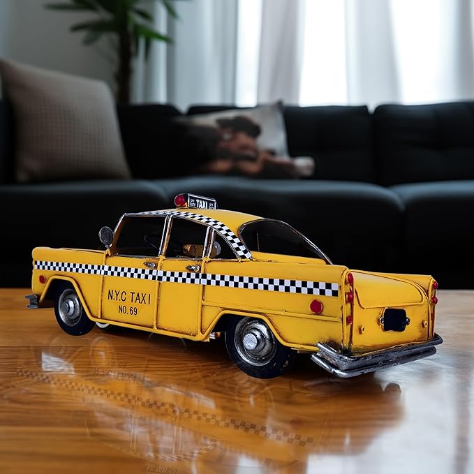 Retro Handmade Yellow NYC Classic Checkered Taxi Cab Model 11" L New York City Taxi Model Hand Made Metal Collectible Vehicle Model for Showcase Decor