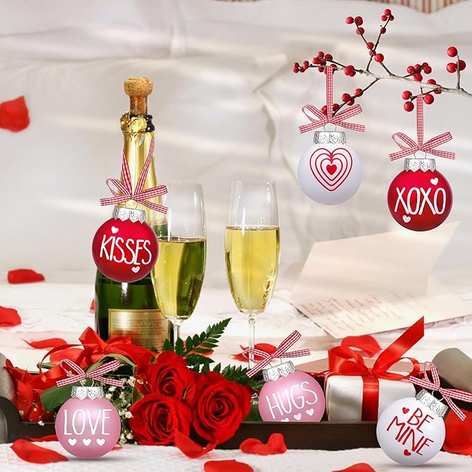 12 Pcs Valentines Day Ball Ornaments - 2.36 Inch Red Pink White Valentines Day Letter Hanging Decorations Buffalo Plaid Balls Ornaments for Tree Valentine's Day Party Supplies Decorations