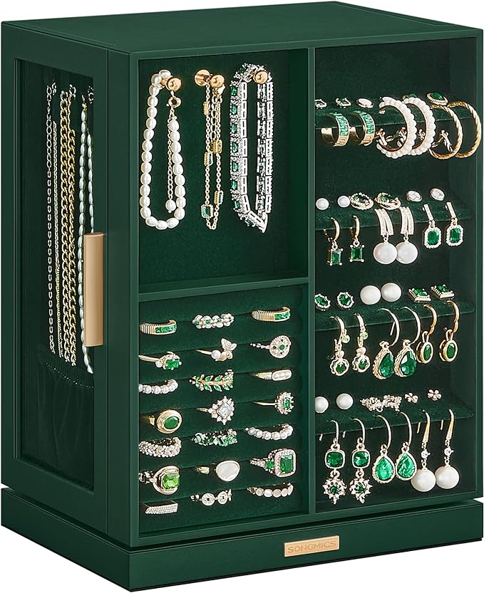 SONGMICS Jewelry Box 360° Rotating, Jewelry Storage Case with 5 Drawers, Jewelry Organizer, Glass Window, Spacious, Vertical Jewelry Storage, Open Design, Great Gift, Forest Green UJBC170C01