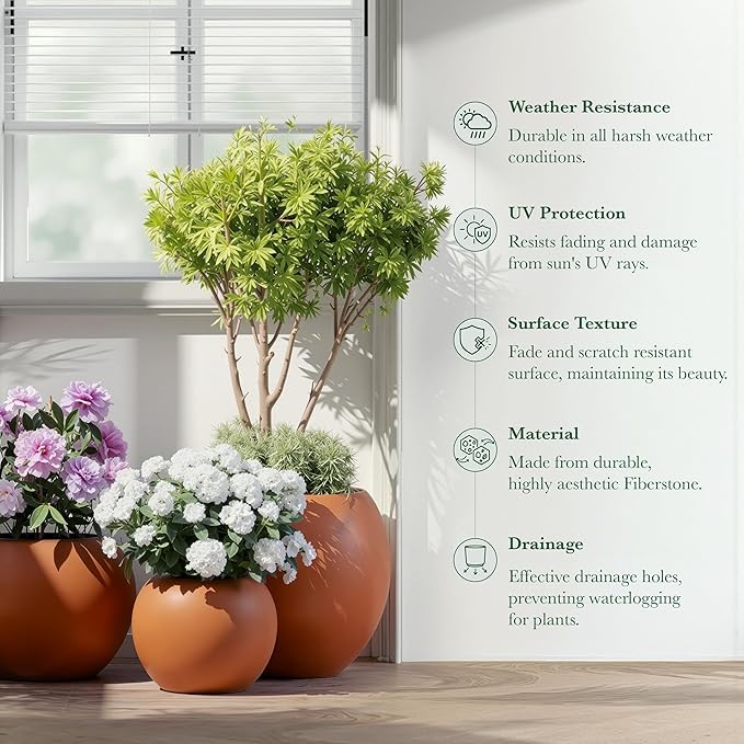 DTY Signature Mount Sherman Modern Indoor Outdoor Fiberstone Sphere Planter, Durable Round Garden Pot, Weather Resistant, Drainage Hole & Rubber Plug - Medium, Terracotta