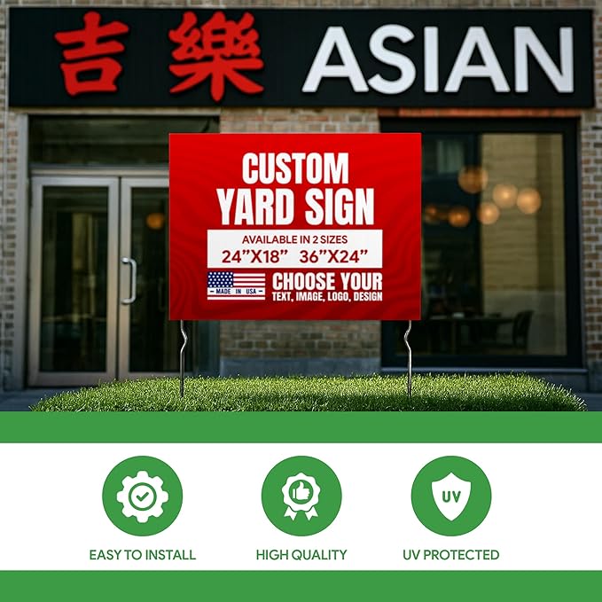 Custom Yard Signs with 2 Metal Stakes by BCB Print | Personalized Lawn Signs for Business, Events & Campaigns | Double Sided HD Outdoor Signage | Express Dispatch & Ship | Made in USA | 24×18 & 24×36