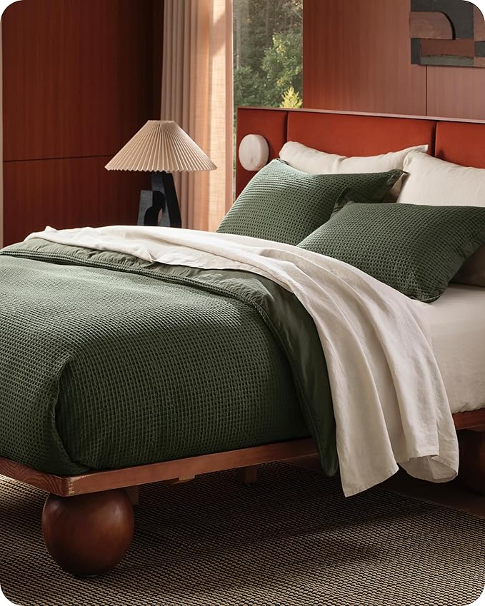 Bedsure Cotton Duvet Cover Queen - 100% Cotton Waffle Weave Olive Green Duvet Cover Queen Size, GentleSoft™ and Breathable Bedding Set for All Season, 3 Pieces, 90"x90"