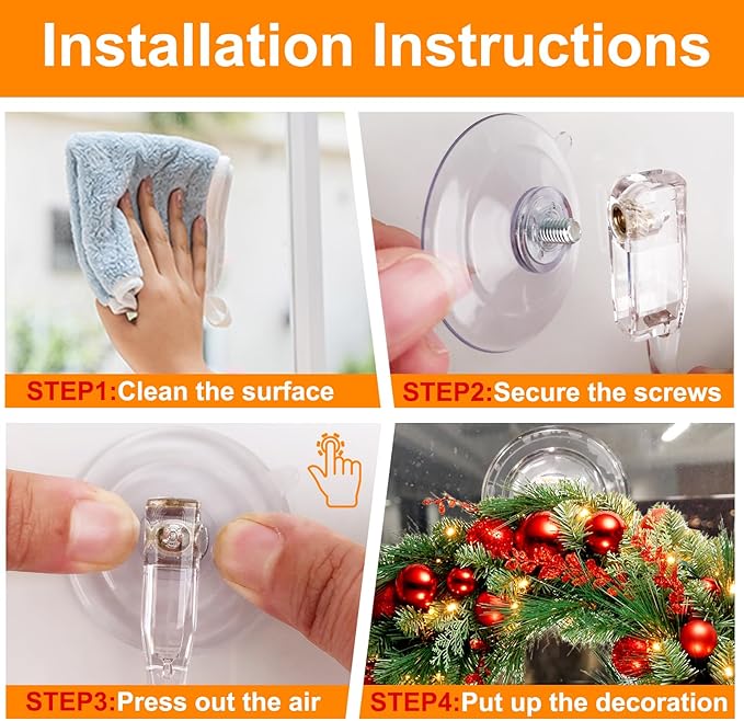 Wreath Hangers for Front Door, Clear Suction-Cup-Hooks Wreath-Door-Hanger on Glass Window,Christmas Decorations Indoor Outdoor Over The Doors Xmas Thanksgiving Hooks ,Removable and Reusable, 4 Pack