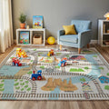 Train Track Adventure Kids Play 5x7 FT Rug - Non-Slip Faux Wool Carpet with Interactive Railway for Little Train Playing, Volcano & City Map Design, Educational Carpet for Bedroom or Playroom.