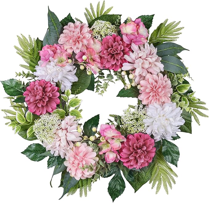 24-Inch Spring Wreath for Front Door with Hydrangeas Dahlias Daisy Silk Flowers and Berry Greenery for All Seasons Indoor Outdoor Wedding Farmhouse Porch Wall Living Room Home Wedding Decor