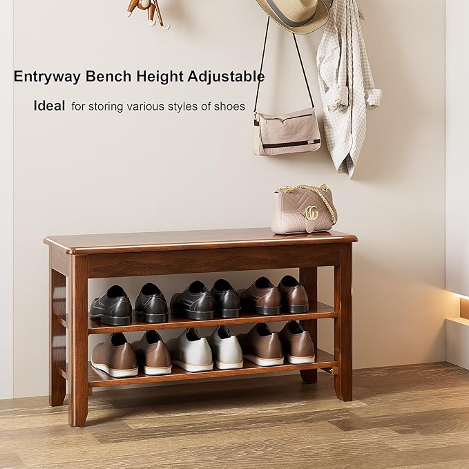 Shoe Storage Bench for Entryway - 3 Tier Shoe Rack for Front Door Entrance, Rubberwood Shoe Rack with Bench Height Adjustable, Entryway Bench with Shoe Storage for Any Room (Walnut, 31.5" W)
