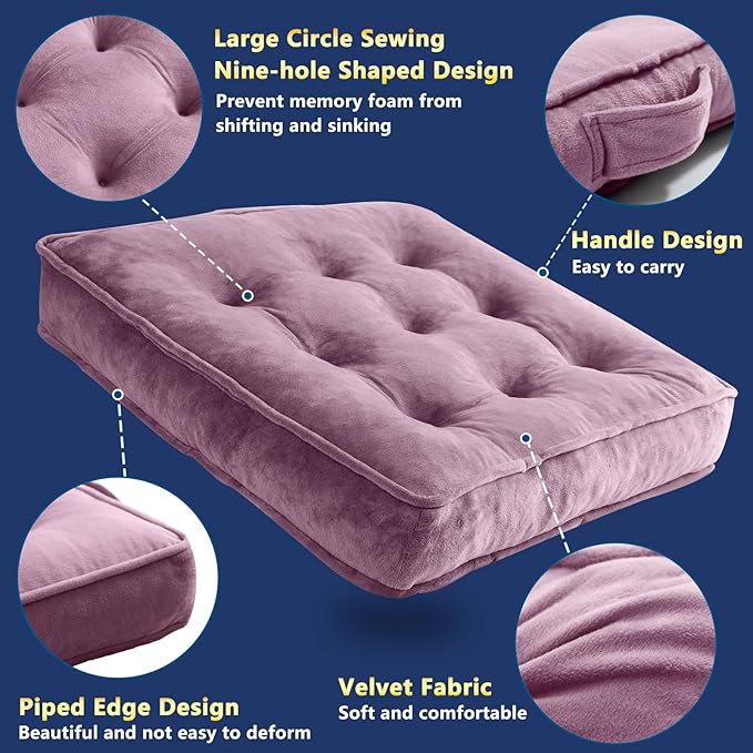 Floor Pillow Set of 4, Memory Foam Meditation Cushion, Floor Cushions for Adults Sitting, Large Square Seat Cushions for Yoga, Living Room, 20x20 Inch (Purple)