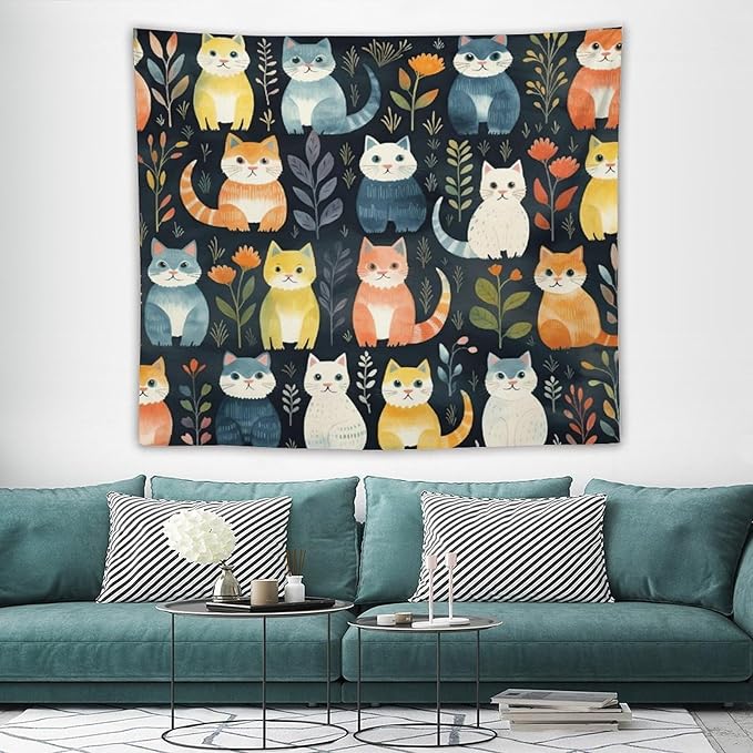 VUMIVI Cartoon Abstract Cat Tapestry Fun Cute Animals Plants Bohemian Modern Art Color Illustration Tapestry Wall Hanging for Living Room Bedroom Dorm Classroom Aesthetic Decor W60xL50in