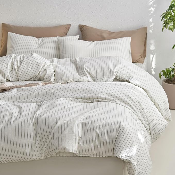 MooMee Striped Duvet Cover Set 100% Washed Cotton Linen Like Textured Breathable Durable Soft Comfy (White Sage Green Wide Stripes, Oversized King Plus 128"x120")