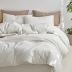 MooMee Striped Duvet Cover Set 100% Washed Cotton Linen Like Textured Breathable Durable Soft Comfy (White Sage Green Wide Stripes, Alaska King 132"x120")