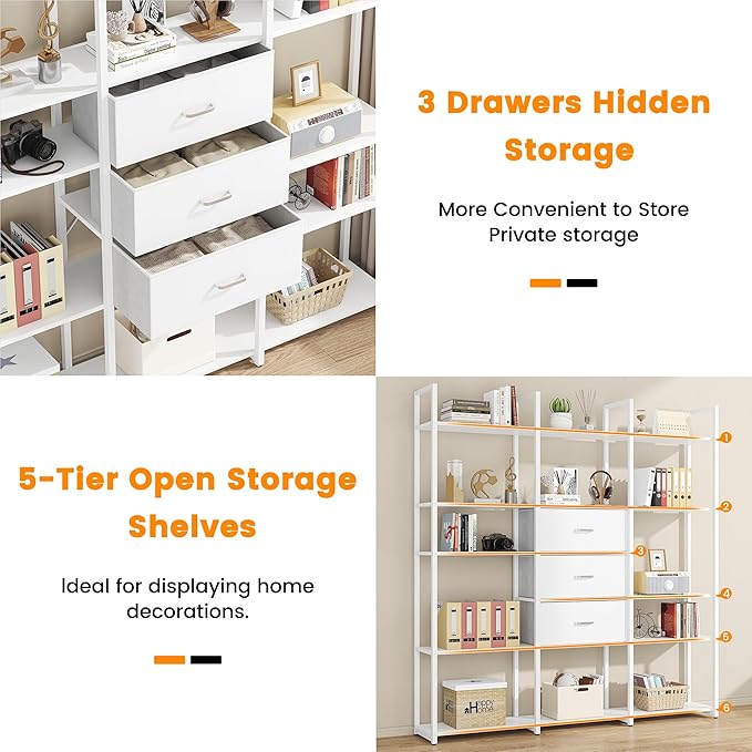 Semoic Triple Wide 6 Tiers Industrial Book shelf with 3 Drawers and Storage Shelves, 73.6" Tall Bookcase with 16 Open Display Shelves, Large Etagere Bookshelf with Metal Frame for Home & Office, White