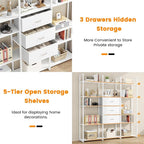 Semoic Triple Wide 6 Tiers Industrial Book shelf with 3 Drawers and Storage Shelves, 73.6" Tall Bookcase with 16 Open Display Shelves, Large Etagere Bookshelf with Metal Frame for Home & Office, White