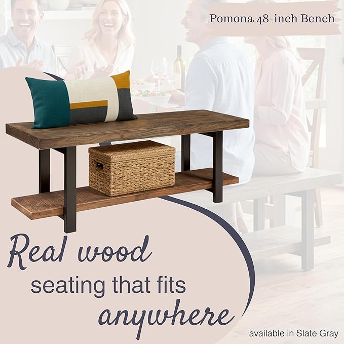 Pomona 48-Inch Entryway Storage Bench with Shelf – Solid Wood and Metal Accent Bench for Shoes, Hallway, Living Room, or Dining Room by Alaterre Furniture (Rustic Natural Finish)